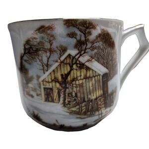 Viletta Fine‎ China Mustache Cup Old Barn Winter Scene Gold Trim USA